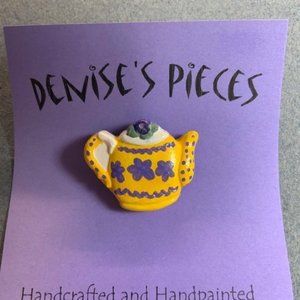 Tea Pot Pin Brooch Yellow Purple Flowers Green Plaster Handmade Hand Painted